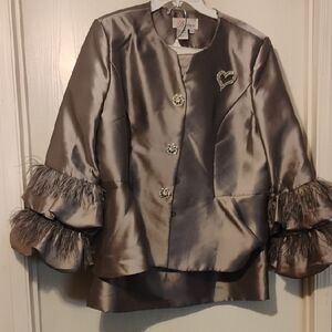 Elegant Gray Satin Dress with Feathered Sleeves